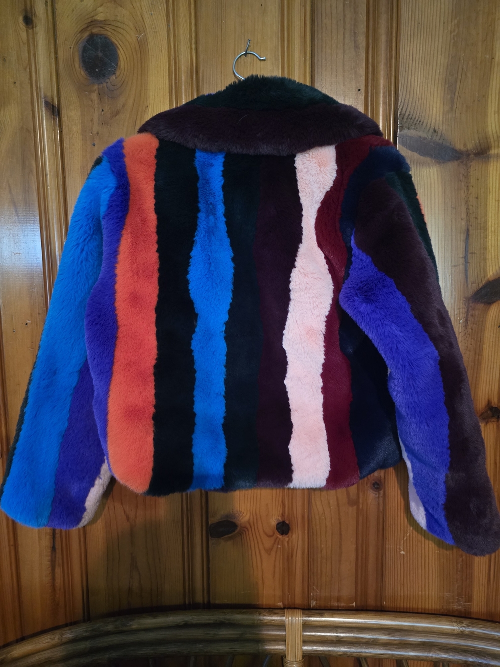 Multicolor Faux Fur Bomber Jacket - Women's Bold Stripe Coat - Picture 9 of 16